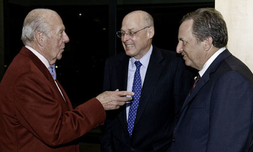 Former Secretary of State George Shultz, left, Treasury Secretary Henry Paulson, middle, and former Treasury Secretary Lawrence Summers, right.